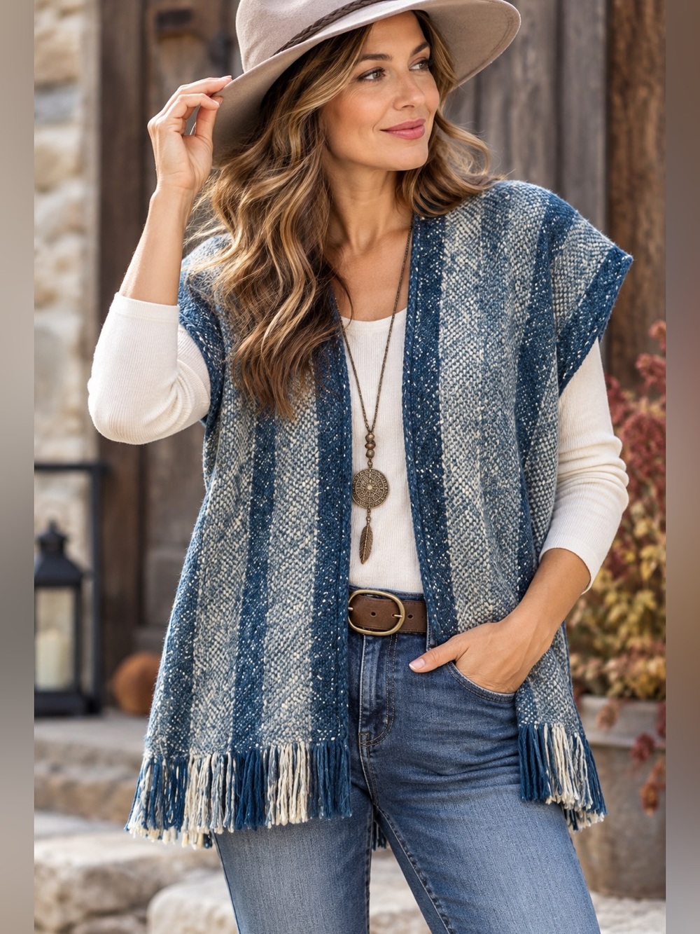 Hand woven artisan crafted genuine wool oversized fringe vest ecru & blue tones